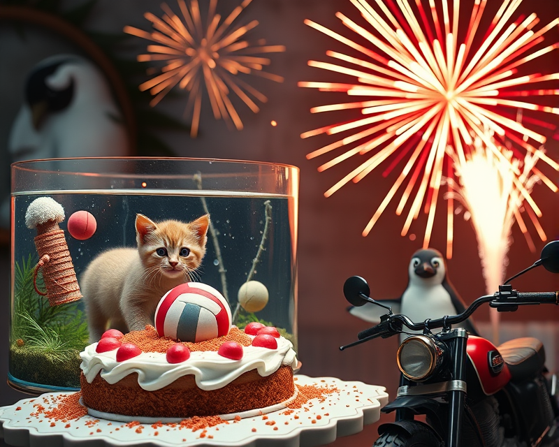 cake, fireworks, fish tank, kitten, volleyball, spiderman, rhino, ferret, penguin, motorcycle